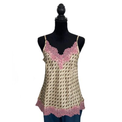 Top con scollo a V in sari beige e pizzo rosa sullo scollo e sul fondo taglia L con spalline regolabili