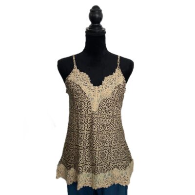 Top con scollo a V in sari beige e pizzo bianco sullo scollo e sul fondo taglia S con spalline regolabili