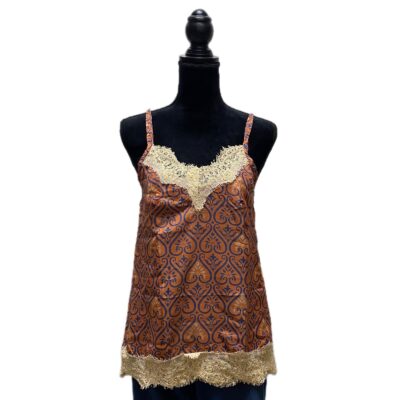 Top con scollo a V in sari arancio e pizzo bianco sullo scollo e sul fondo taglia XS con spalline regolabili
