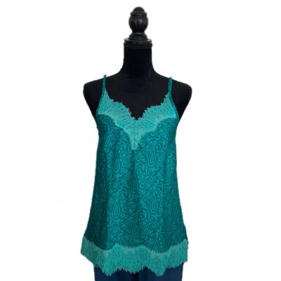 Top con scollo a V in sari turchese e pizzo in tono sullo scollo e sul fondo taglia XS con spalline regolabili